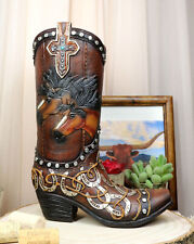 Rustic Western Running Horses Horseshoes And Cross Cowboy Boot Vase Sculpture picture