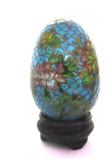 Vintage Chinese Plique a Jour Floral Blue Green Glass Egg on Wooden Stand picture