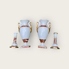 Vintage MCM Porcelain Vase Andrea by Sadek Gold Swan Handles + Candle Holders picture