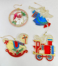 Set 4 Vtg Christmas Ornaments Hard Plastic Faux Stained Glass Sun Catchers picture