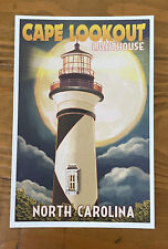 Cape Lookout Lighthouse & Full Moon - North Carolina - Lantern Press Postcard picture