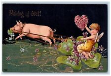 c1910's Happy New Year Fantasy Pig Pulling Giant Shamrock Girl Pansies Postcard picture