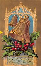 A Merry Christmas Greetings Bell Bells Holly Berries Postcard picture