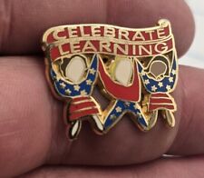 VTG Lapel Pinback Hat Pin Gold Tone Celebrate Learning 3 Kids Stars Red Blue picture