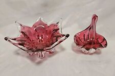 Czech Cranberry Rosey Color Art Glass Basket And Star Dish VTG 1960s  picture