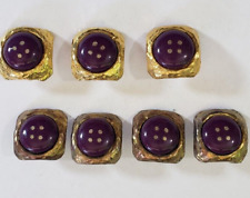SET OF 7 VTG BRASS AND PURPLE PLASTIC SQUARE METAL BUTTONS picture