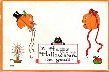 Vintage Bergman Anthropomorphic Pumpkin Man, Woman & Cat  Halloween Postcard picture