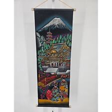 Vintage 1960s Japanese Wall Hanging Tapestry Velvet Hand Painted Scroll Pagoda picture
