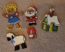 Vtg Wooden Christmas Ornaments Hand Painted Set 5 Doll Santa Candle House Sheep picture