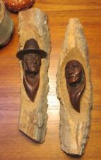 Vtg Pair Blackfoot Indian Man & Woman Chalkware on Wood Sculptured GEORGE BLAKE picture