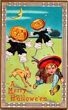 Vintage 1910's JOL, Scare Crow, Chase Adorable Boy & Doggie Halloween Postcard picture