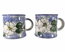 2 Hand Painted Bermuda Clayworks Pottery 11oz Coffee Mugs Blue Florals 3.5” picture