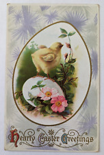 Antique 1913 Postcard Hearty Easter Greetings New Chick on Egg Floral (pc-3) picture