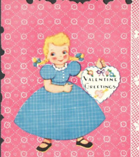 Vintage Valentine's Day Card Cute blonde Blue Dress with braided Pigtails picture