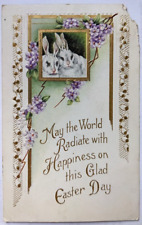 Vintage Antique Easter Postcard Rabbits Flowers Embossed Gold Gilt Corner Damage picture