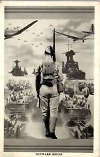 Military Postcard Soldier Collage Outward Bound Free Mail Posted 1943 Ship Plane picture