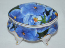 Vintage Porcelain Trinket Box Blue Flowers Gold Accent Lidded & Snail on Bottom picture