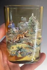 Antique Bohemian Czech Yellow Glass Cigarette Holder w/ Painted Hunting Scene  picture