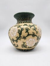 vintage Glazed Ceramic Green and White Flowers Vase made in Vietnam picture