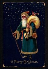 0602 Antique Vintage Christmas Postcard Santa Claus Teal Blue Robe BUFFALO 1907 picture