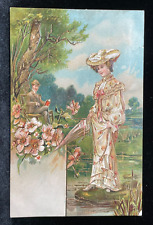 ANTIQUE EMBOSSED GILT DETAIL POSTCARD LOVELY LADY & FLOWERS POSTED 1910 picture