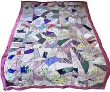 Vintage Crazy Quilt Hand Tied Quilted Embroidered Pink Silk Satin Patchwork picture