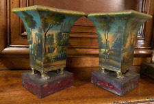 Antique Vases Painted Metal Romantic Miniature Claw Decor Pair Mini Art Rare 19c picture