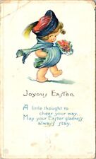 vintage postcard - JOYOUS EASTER child with flowers embossed unposted picture