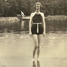 Vintage Snapshot Photograph Beautiful Young Woman In Bathing Suit At Lake picture