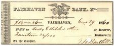 Fairhaven Bank - 1839 or 1840 dated Massachusetts Check - Americana - Checks picture