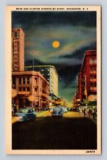 Rochester NY-New York, Main and Clinton Streets by Night, Vintage Postcard picture