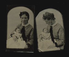 Two Tintype Photo Set Woman Holding a Sleeping or Post Mortem Baby picture