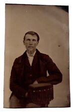 C. 1860s 1/6th PLATE TINTYPE HANDSOME BEARDED MAN IN SUIT HAND-TINTED DETAILED picture