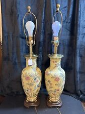 Table Lamps Pair of Porcelain On Brass Chinoiserie Lamps Yellow 31 1/2