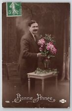 Handsome French Man Beautiful Vase Flowers RPPC Tinted Photo Postcard V23 picture