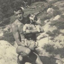 Vintage Large Photo Tan Muscular Shirtless Man Swim Trunks Holding Older Dog picture