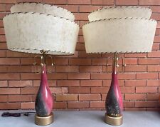 Pair Vintage 1950s Pink Gray Gold Ceramic Lamps Fiberglass Shades MCM Atomic Era picture