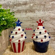 Patriotic Ceramic 3D Light-up Cupcakes 2 PC Set NEW USA Tabletop Decorations picture