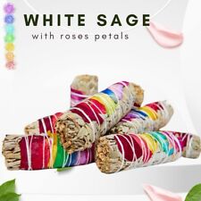 Rose Petal & White Sage Smudge Stick 4'' long 10X Chakra Wands Bundle California picture