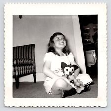 c1950s Girl & Homemade Micky Mouse~Steamboat Willie Toy~VTG Original Photo picture