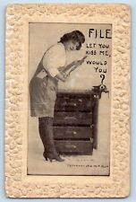 F Bluh Signed Postcard Woman File Let You Kiss Me Would You c1910's Antique picture