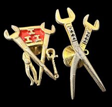2 Vtg. UNION IRONWORKER WRENCH PLIERS HAT LAPEL PIN 3 BEAMS RED Gold Tone 1.5” picture