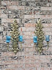 Vintage Gold Wall Sconces Candle Holders Set Hollywood 27.5”/ 4 Teal Rare Cups   picture