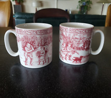 2 SPODE VICTORIAN CHRISTMAS COFFEE CUPS RED PINK TREE SANTA CLAUS SNOW MUGS picture