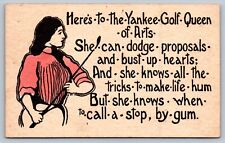 1909 postcard HERES TO THE YANKEE GOLF QUEEN OF ARTS woman golfer picture