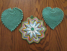 Vintage Crocheted Green Handmade Potholders Lot of 3 picture