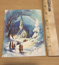 Vintage Christmas card people going to church at night snow scenery window picture