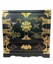 Vintage Handmade Oriental Black Lacquer Jewelry Cabinet, Wood, Brass picture