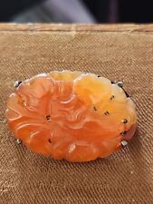ANTIQUE CHINESE EXPORT SILVER Red Jade OR Carnelian CARVED BROOCH PIN  picture
