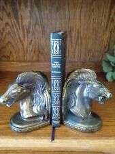 Vtg Cast Metal Trojan Horsehead Bookends Marked BMR Brass Finish Equestrian NICE picture